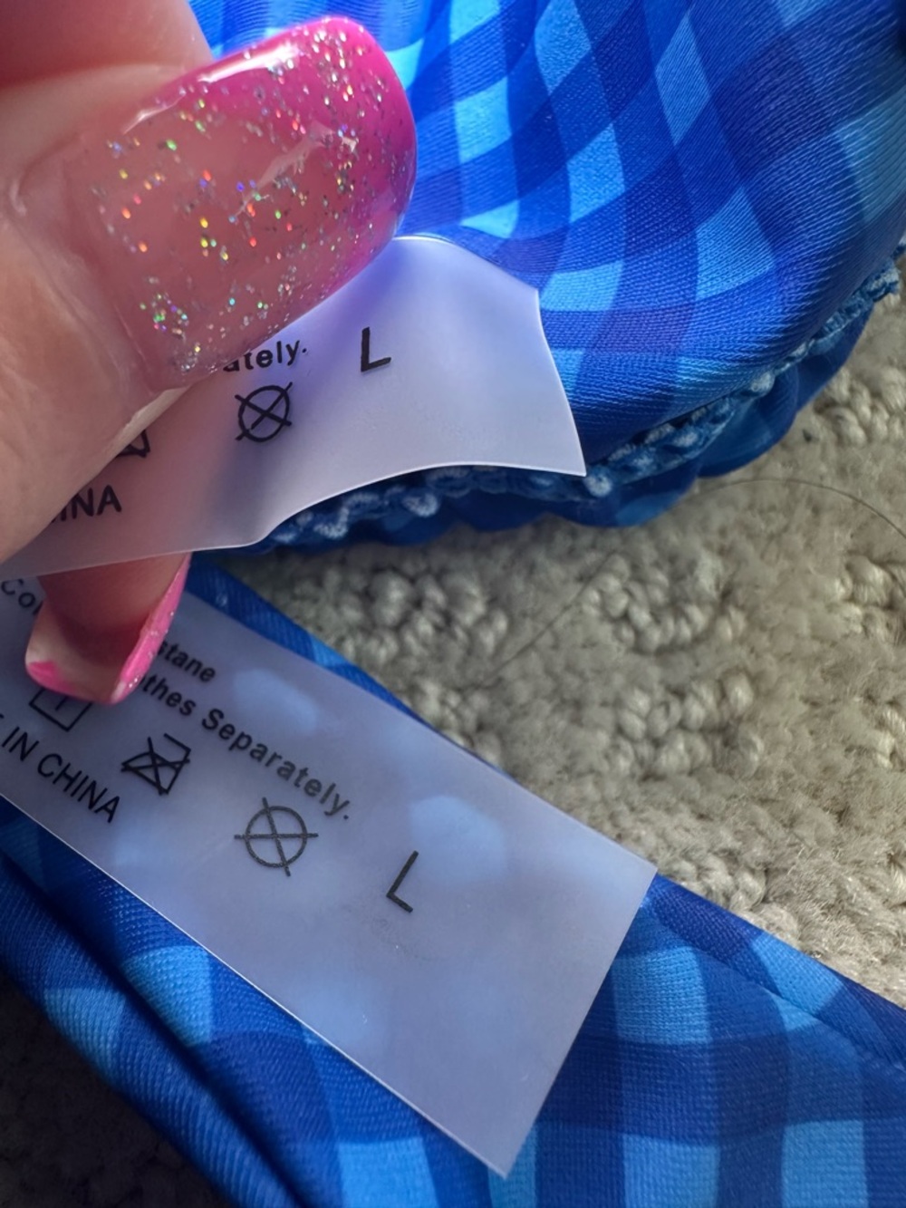 NWOT 3 Piece Bikini Bundle Gingham Check High Cut Triangle Swim‎ Pink Red Blue L - Picture 10 of 10